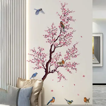 Тапет с браншовите праскова и птици, стикери за стена за хол, декориране на спалня, на фона стенописи голям размер