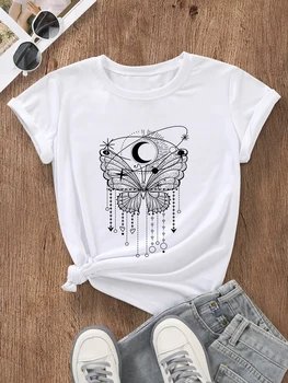 Тениска Moon butterfly от памук в западен стил, козметичната мода, ежедневни тениска унисекс с къс ръкав