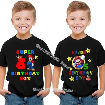 Тениска на Супер Марио, Детски рожден ден, сладък тениски с анимационни герои Mario Bros, летни дрехи за момчета и момичета, тениски с анимационни герои, върхове с игрални букви