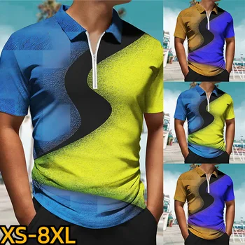 Топ с ревера, лятна мода риза поло с 3D дигитален печат, тениска с цип, ежедневни мъжки дрехи серия Street Style с къс ръкав