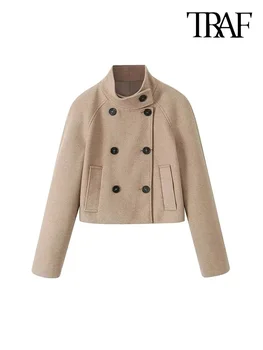 ТРАФИКА-Женски укороченное двубортное палто, ретро дълъг ръкав, копчета отпред, Дамски връхни дрехи, Луксозни блузи, Мода