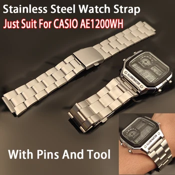 Тънка стоманена каишка за часовник CASIO AE-1200WH/1300WH Класически малък квадратен сребърен блок с метална каишка 18 мм