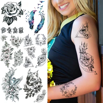 Уникални временна татуировка във формата на цвете очите за жени и момичета, Реалистични стикер с изображение на рози, птици и котки, фалшива татуировка, стикери за татуировки в задната част на ръката