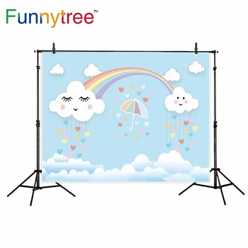 Фон Funnytree за фото студио карикатура преливащи облак на небето цветни сърца чадър детски фон за снимки photobooth