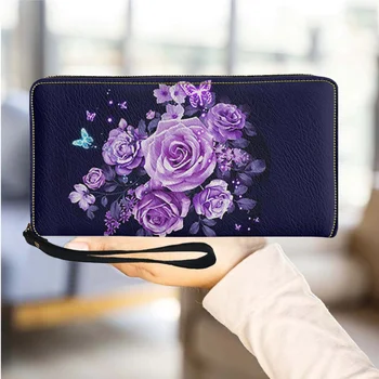 Цветни Дамски портмонета с дизайн на Роза, луксозни Кожени портфейли, на Случаен пътен тънък женски портфейл с цип, чантата за момичета, Леки чанти за пари