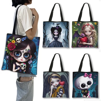 Чанта през рамо с модел готик момичета, женски холщовые чанти-лотария, чанта-вампир прилеп, на торби за многократна употреба за пазаруване Gocery голям капацитет
