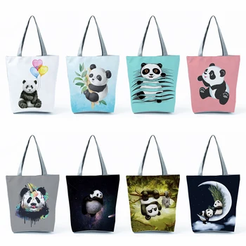 Чанта-тоут с принтом сладка панда, мультяшные чанти, дамски пазарска чанта с голям капацитет, Еко-множество Ежедневни чанта на рамото с индивидуален дизайн