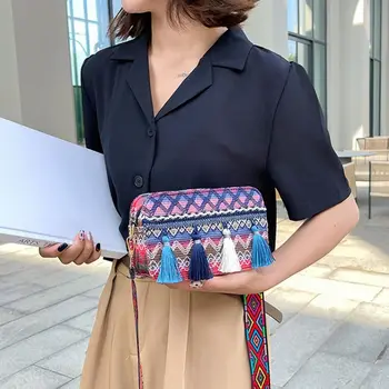 Чанта Тъканно чанта в корейски стил Тканая чанта Богемные чанта през рамо Чанта с ресни в етнически стил Дамска чанта за през рамото на Малката квадратна чанта