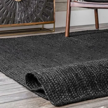Черен килим, сплетен от 100% естествена юта, подложка за джогинг, хол, парцал за спални, декор