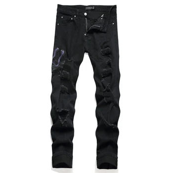 Черни модерен мъжки дънки С бродерия кобри, скъсани панталони за просяци, есенни ежедневни панталони на участъка в стил хип-хоп със средна талия