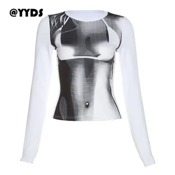 черно-бяла женска тениска с 3D-принтом за улични фотосесии Spring Ins Top Street Photo с дълъг ръкав
