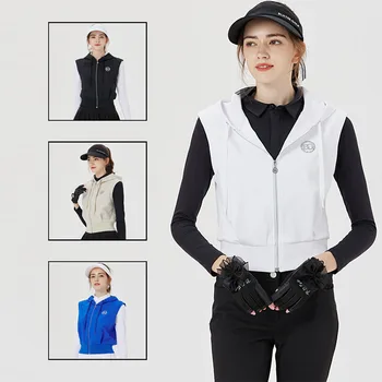 Черно Есенно-зимния женски топла жилетка за голф на експозиции, Дамско късо палто, за да се голф без ръкави, Ветрозащитный жилетка с качулка