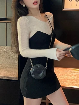 Черно Френско Винтажное Рокля в стил Мозайка, Женски Тънка Елегантна рокля с дълъг ръкав за партита, Ежедневното Корейското Секси рокля за Лятото 2023