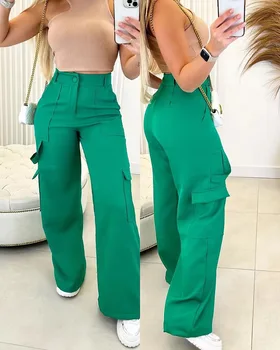 Широки панталони Wepbel, однотонная градинска дрехи, Модни панталони-карго, женски зелени Ежедневните си джобове, прави панталони с висока талия.