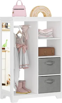 Шкаф за дрехи за деца с огледало, Детски Шкаф-скрин с 2 Чекмеджета за съхранение и Отворена закачалка, Шкаф за костюми за деца