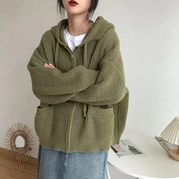 Японски ретро пуловер с качулка, женски монофонични вязаный пуловер, свободен ден за ден жилетка, палто, женски есенно-зимния нов стил