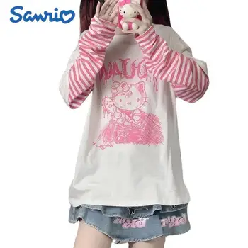 Sanrio Тениска С дълги Ръкави Hello Kitty Kawaii Y2k Момиче Сърце Фалшива От Две Части С Дълъг Ръкав, Сладък Готин Костюм, най-Добрите Подаръци За Момичета
