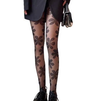 Дамски чорапогащник в готически стил пънк, Прозрачен чорапогащник с голям цветен печат, Директен доставка