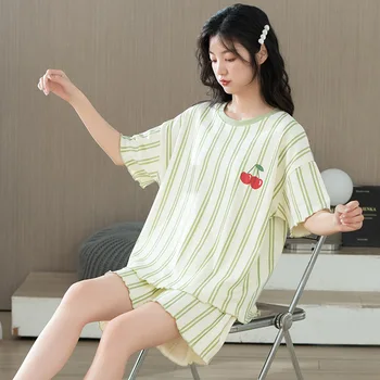 Жена годишният пижамный комплект с къси ръкави, зелени ленти, 100% памук, череша принт, Удобна нощен облекло свободно размери H-образна форма.