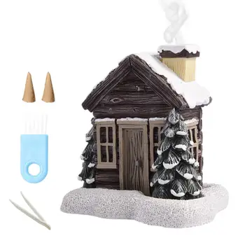Коледен селска къща от смола, декоративна дървена барака, конус за тамян, Десктоп украса с дымоходом, хижа за нова година подарък