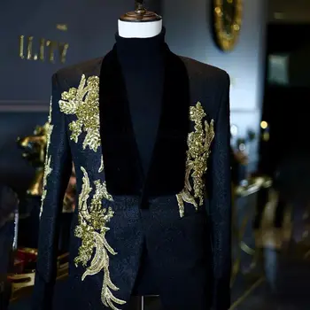 Луксозни Бродирани Мъниста Златни Апликации Мъжки Костюми на Младоженеца Сватбени Смокинги от 2 части на Мъжки Блейзери За Бала Облекло trajes elegante para hombres